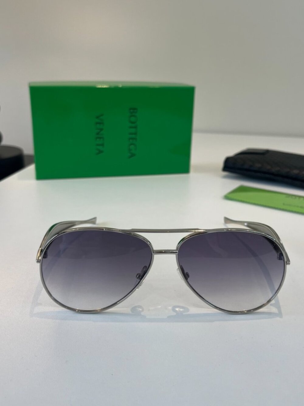 Bottega Veneta Silver Aviator Sunglasses, Gradient Gray UV Protection Shades - Picture 2 of 9